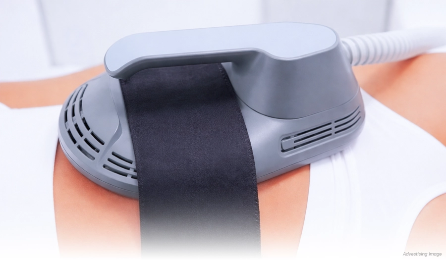 Close-up of the Emsculpt Neo applicator positioned on the abdomen during a 30-minute body contouring treatment session