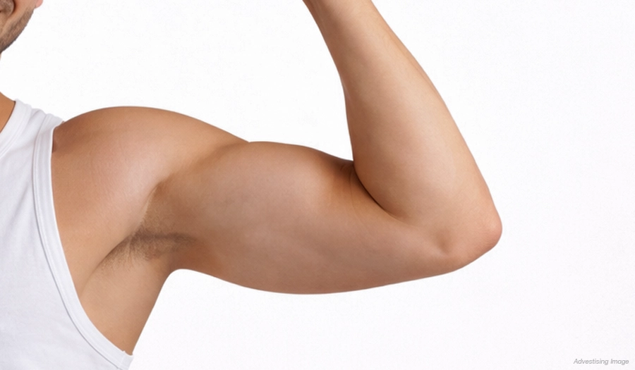 Male upper arm showing the EMSculpt Neo treatment area for bicep and tricep muscle toning