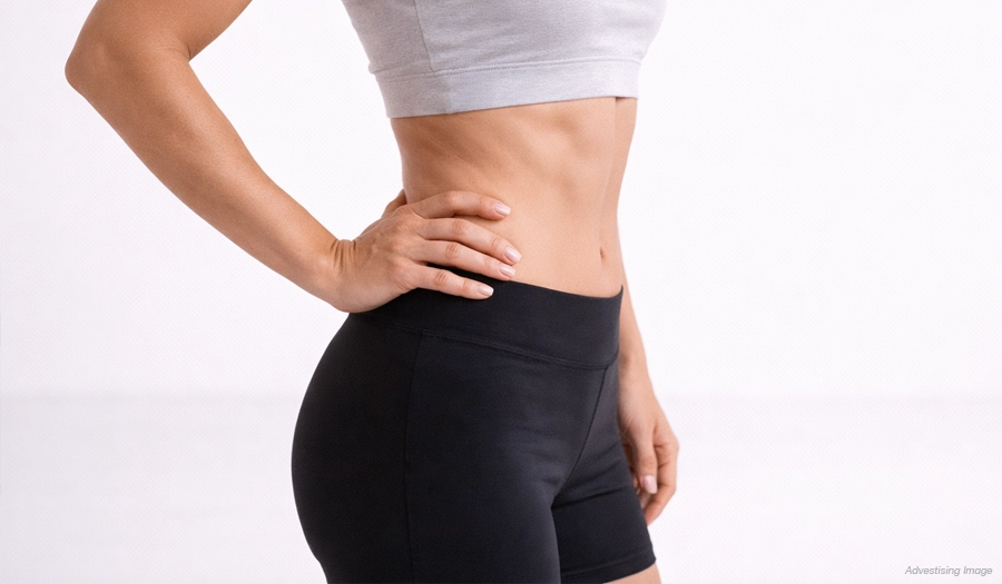 Waistline and oblique treatment area showing EMSculpt Neo for flank contouring and abdominal definition