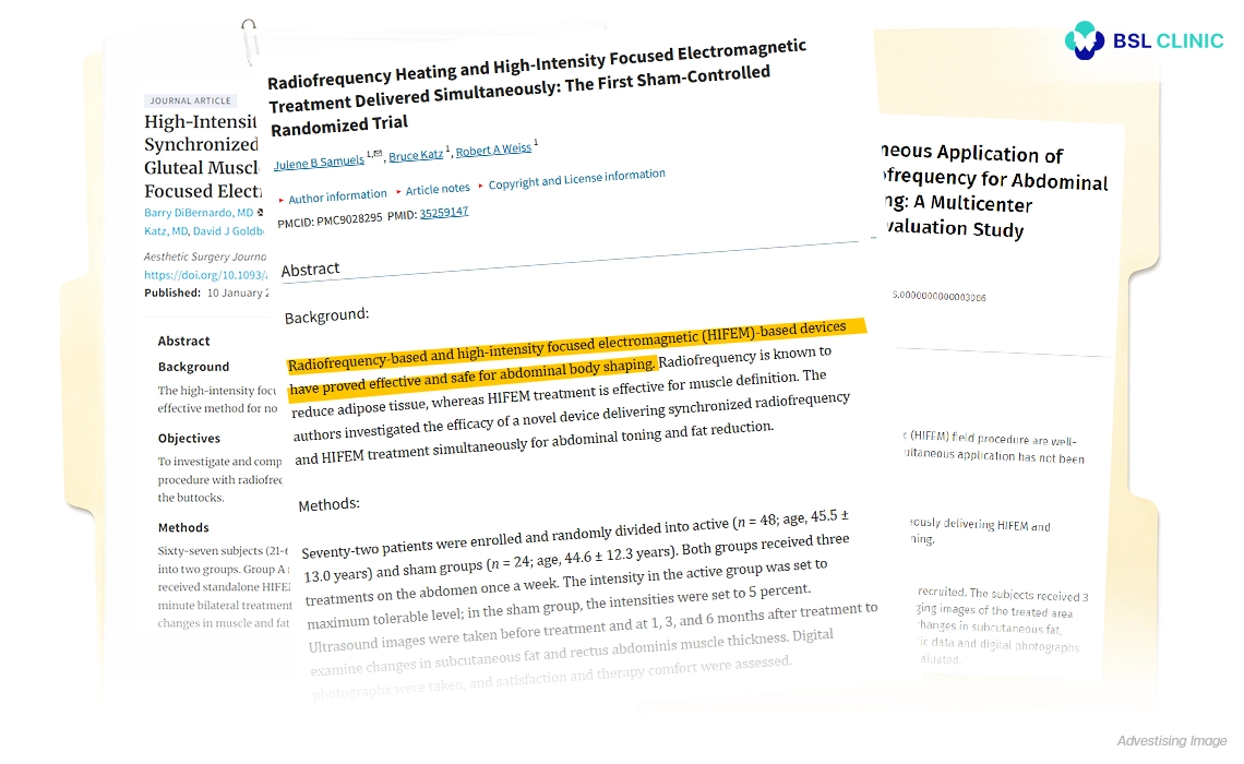 Real case study examples showing EMSculpt Neo before and after results at BSL Clinic Bangkok