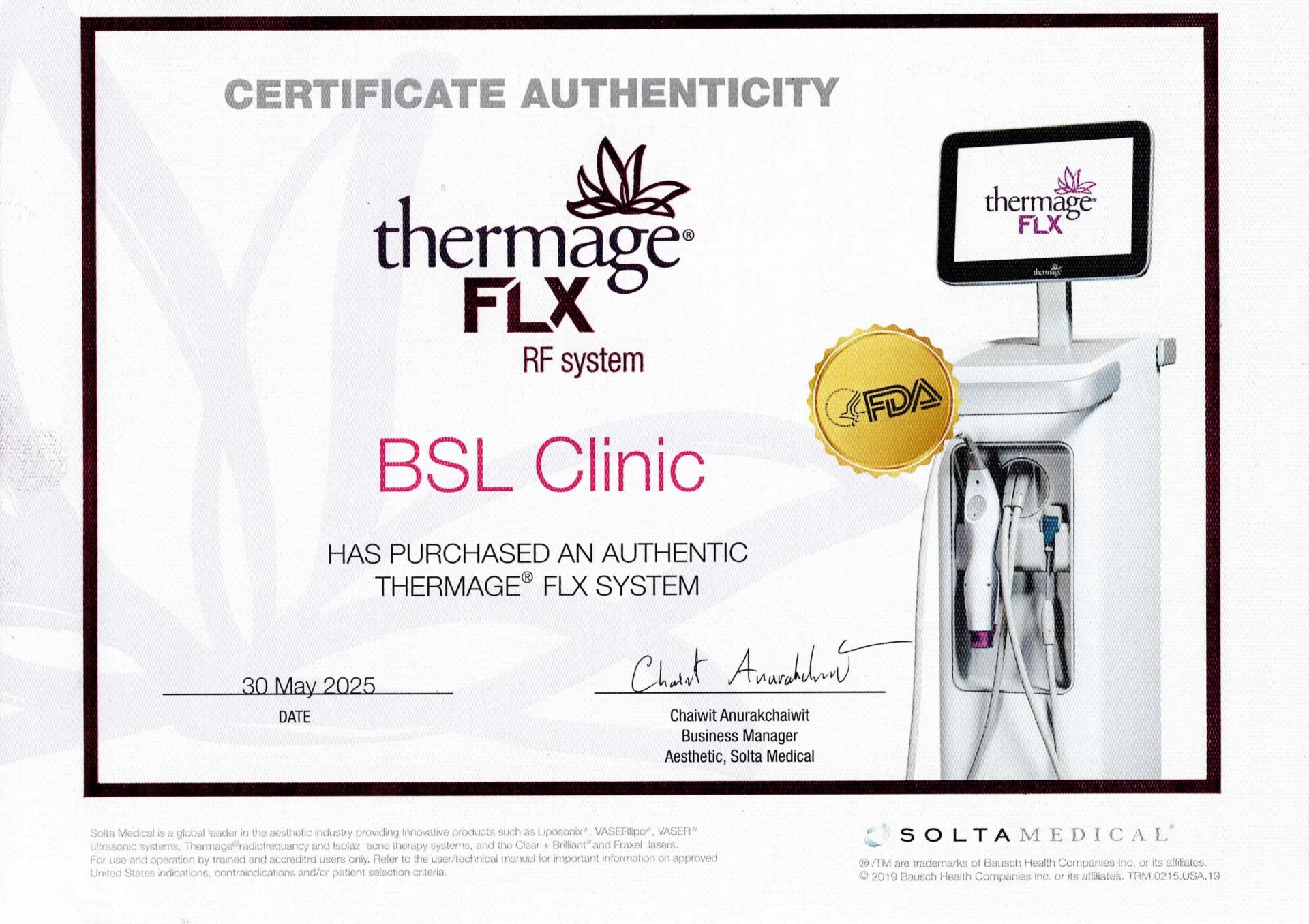 Certificate Thermage FLX