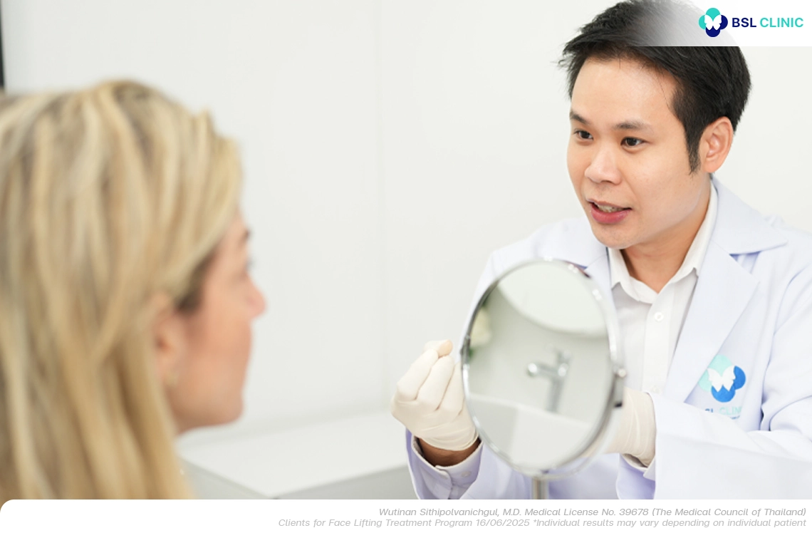Physician evaluating Fordyce spots on the lips before laser treatment at BSL Clinic